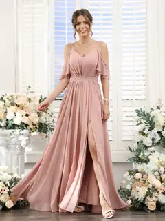 A-Line/Princess Spaghetti Straps Floor-Length Chiffon Bridesmaid Dresses with Split Side & Ruched — view 6