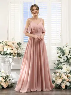 A-Line/Princess Spaghetti Straps Floor-Length Chiffon Bridesmaid Dresses with Split Side & Ruched — view 7