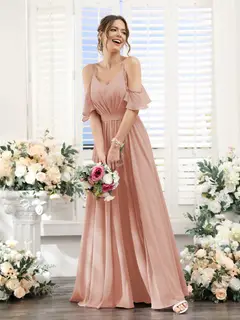 A-Line/Princess Spaghetti Straps Floor-Length Chiffon Bridesmaid Dresses with Split Side & Ruched — view 8