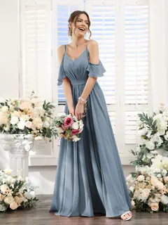 A-Line/Princess Spaghetti Straps Floor-Length Chiffon Bridesmaid Dresses with Split Side & Ruched — view 9