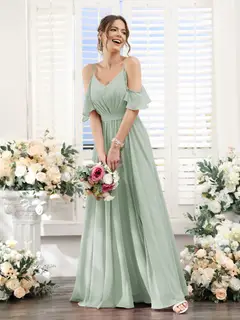 A-Line/Princess Spaghetti Straps Floor-Length Chiffon Bridesmaid Dresses with Split Side & Ruched — view 11