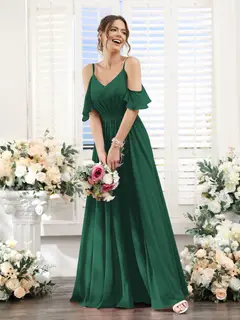 A-Line/Princess Spaghetti Straps Floor-Length Chiffon Bridesmaid Dresses with Split Side & Ruched — view 12