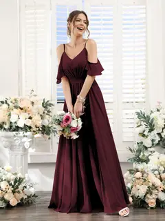 A-Line/Princess Spaghetti Straps Floor-Length Chiffon Bridesmaid Dresses with Split Side & Ruched — view 13