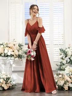 A-Line/Princess Spaghetti Straps Floor-Length Chiffon Bridesmaid Dresses with Split Side & Ruched — view 14