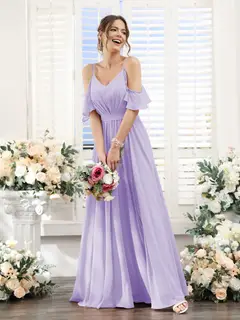 A-Line/Princess Spaghetti Straps Floor-Length Chiffon Bridesmaid Dresses with Split Side & Ruched — view 15