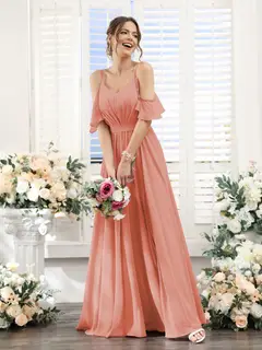 A-Line/Princess Spaghetti Straps Floor-Length Chiffon Bridesmaid Dresses with Split Side & Ruched — view 16