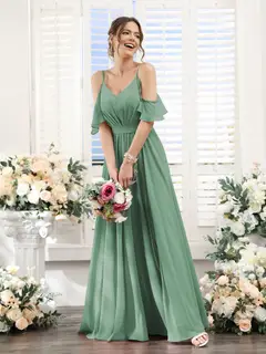 A-Line/Princess Spaghetti Straps Floor-Length Chiffon Bridesmaid Dresses with Split Side & Ruched — view 18