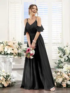 A-Line/Princess Spaghetti Straps Floor-Length Chiffon Bridesmaid Dresses with Split Side & Ruched — view 19