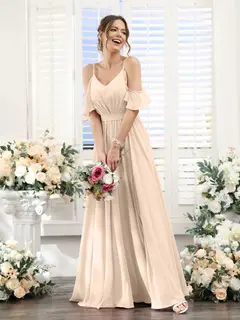 A-Line/Princess Spaghetti Straps Floor-Length Chiffon Bridesmaid Dresses with Split Side & Ruched — view 24