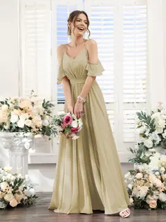 A-Line/Princess Spaghetti Straps Floor-Length Chiffon Bridesmaid Dresses with Split Side & Ruched — view 25