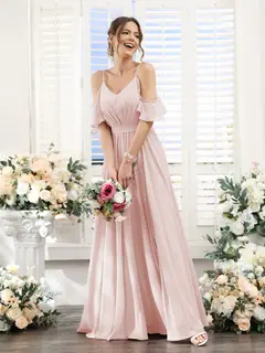 A-Line/Princess Spaghetti Straps Floor-Length Chiffon Bridesmaid Dresses with Split Side & Ruched — view 27