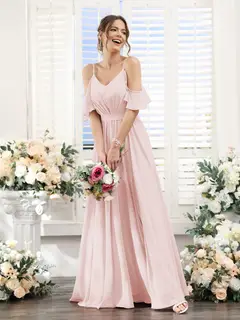 A-Line/Princess Spaghetti Straps Floor-Length Chiffon Bridesmaid Dresses with Split Side & Ruched — view 28
