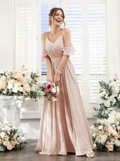 A-Line/Princess Spaghetti Straps Floor-Length Chiffon Bridesmaid Dresses with Split Side & Ruched — view 29