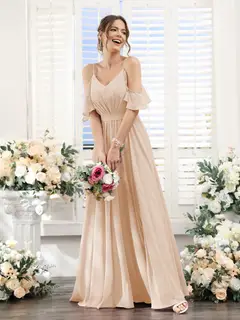 A-Line/Princess Spaghetti Straps Floor-Length Chiffon Bridesmaid Dresses with Split Side & Ruched — view 30