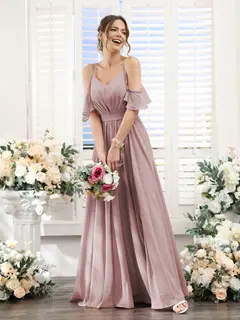 A-Line/Princess Spaghetti Straps Floor-Length Chiffon Bridesmaid Dresses with Split Side & Ruched — view 31