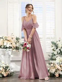 A-Line/Princess Spaghetti Straps Floor-Length Chiffon Bridesmaid Dresses with Split Side & Ruched — view 32