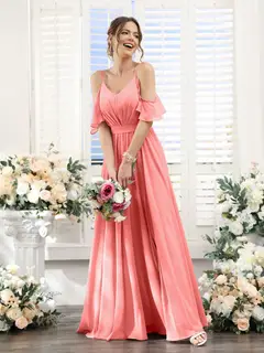 A-Line/Princess Spaghetti Straps Floor-Length Chiffon Bridesmaid Dresses with Split Side & Ruched — view 33