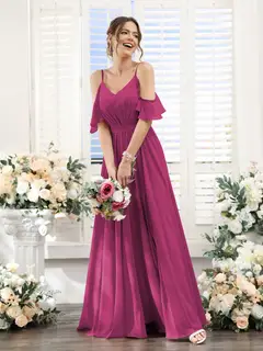 A-Line/Princess Spaghetti Straps Floor-Length Chiffon Bridesmaid Dresses with Split Side & Ruched — view 36