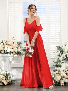 A-Line/Princess Spaghetti Straps Floor-Length Chiffon Bridesmaid Dresses with Split Side & Ruched — view 37