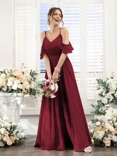 A-Line/Princess Spaghetti Straps Floor-Length Chiffon Bridesmaid Dresses with Split Side & Ruched — view 38
