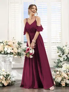 A-Line/Princess Spaghetti Straps Floor-Length Chiffon Bridesmaid Dresses with Split Side & Ruched — view 39