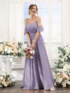 A-Line/Princess Spaghetti Straps Floor-Length Chiffon Bridesmaid Dresses with Split Side & Ruched — view 40
