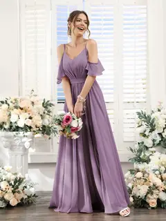 A-Line/Princess Spaghetti Straps Floor-Length Chiffon Bridesmaid Dresses with Split Side & Ruched — view 41