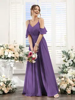 A-Line/Princess Spaghetti Straps Floor-Length Chiffon Bridesmaid Dresses with Split Side & Ruched — view 43