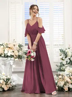 A-Line/Princess Spaghetti Straps Floor-Length Chiffon Bridesmaid Dresses with Split Side & Ruched — view 44