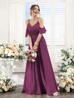A-Line/Princess Spaghetti Straps Floor-Length Chiffon Bridesmaid Dresses with Split Side & Ruched — view 45