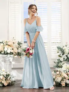 A-Line/Princess Spaghetti Straps Floor-Length Chiffon Bridesmaid Dresses with Split Side & Ruched — view 48