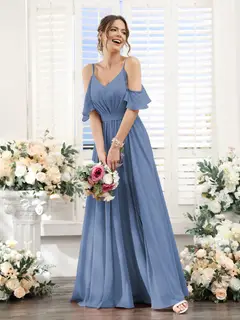 A-Line/Princess Spaghetti Straps Floor-Length Chiffon Bridesmaid Dresses with Split Side & Ruched — view 52