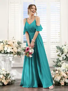 A-Line/Princess Spaghetti Straps Floor-Length Chiffon Bridesmaid Dresses with Split Side & Ruched — view 53