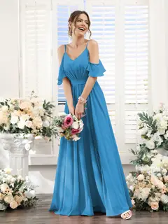 A-Line/Princess Spaghetti Straps Floor-Length Chiffon Bridesmaid Dresses with Split Side & Ruched — view 54