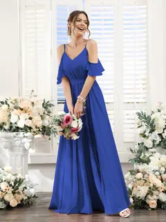 A-Line/Princess Spaghetti Straps Floor-Length Chiffon Bridesmaid Dresses with Split Side & Ruched — view 55