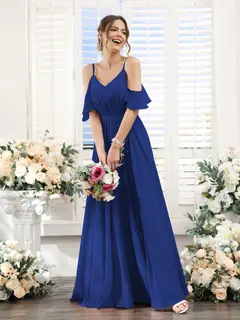 A-Line/Princess Spaghetti Straps Floor-Length Chiffon Bridesmaid Dresses with Split Side & Ruched — view 57