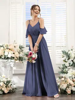 A-Line/Princess Spaghetti Straps Floor-Length Chiffon Bridesmaid Dresses with Split Side & Ruched — view 58