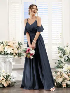 A-Line/Princess Spaghetti Straps Floor-Length Chiffon Bridesmaid Dresses with Split Side & Ruched — view 60