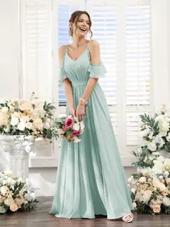 A-Line/Princess Spaghetti Straps Floor-Length Chiffon Bridesmaid Dresses with Split Side & Ruched — view 61