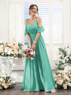 A-Line/Princess Spaghetti Straps Floor-Length Chiffon Bridesmaid Dresses with Split Side & Ruched — view 63