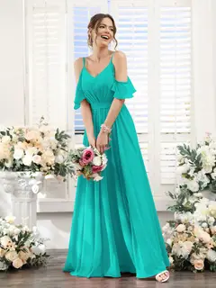A-Line/Princess Spaghetti Straps Floor-Length Chiffon Bridesmaid Dresses with Split Side & Ruched — view 64