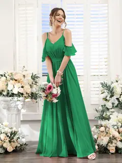 A-Line/Princess Spaghetti Straps Floor-Length Chiffon Bridesmaid Dresses with Split Side & Ruched — view 65
