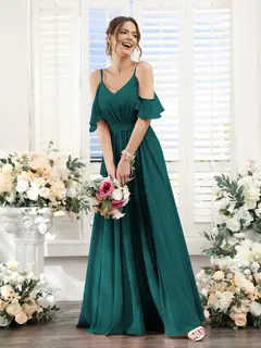 A-Line/Princess Spaghetti Straps Floor-Length Chiffon Bridesmaid Dresses with Split Side & Ruched — view 67