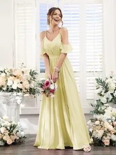 A-Line/Princess Spaghetti Straps Floor-Length Chiffon Bridesmaid Dresses with Split Side & Ruched — view 70