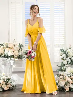 A-Line/Princess Spaghetti Straps Floor-Length Chiffon Bridesmaid Dresses with Split Side & Ruched — view 72