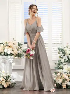 A-Line/Princess Spaghetti Straps Floor-Length Chiffon Bridesmaid Dresses with Split Side & Ruched — view 74
