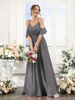 A-Line/Princess Spaghetti Straps Floor-Length Chiffon Bridesmaid Dresses with Split Side & Ruched — view 75