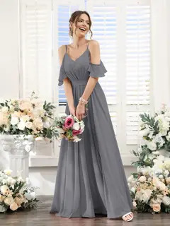 A-Line/Princess Spaghetti Straps Floor-Length Chiffon Bridesmaid Dresses with Split Side & Ruched — view 76