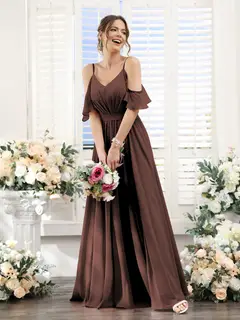 A-Line/Princess Spaghetti Straps Floor-Length Chiffon Bridesmaid Dresses with Split Side & Ruched — view 77