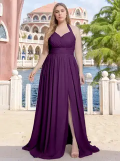A-Line/Princess Halter V-Neck Sleeveless Floor-Length Plus Size Bridesmaid Dresses with Split Side & Ruffles — view 1